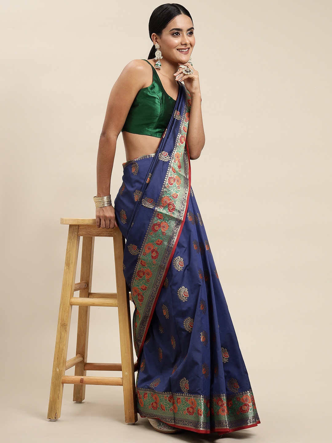 

Saree Swarg Navy Blue & Golden Ethnic Motifs Silk Blend Banarasi Sarees