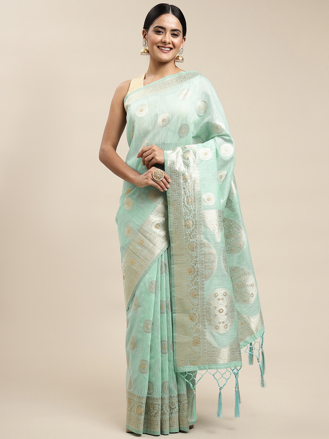 

Saree Swarg Green & Golden Ethnic Design Linen Blend Banarasi Sarees