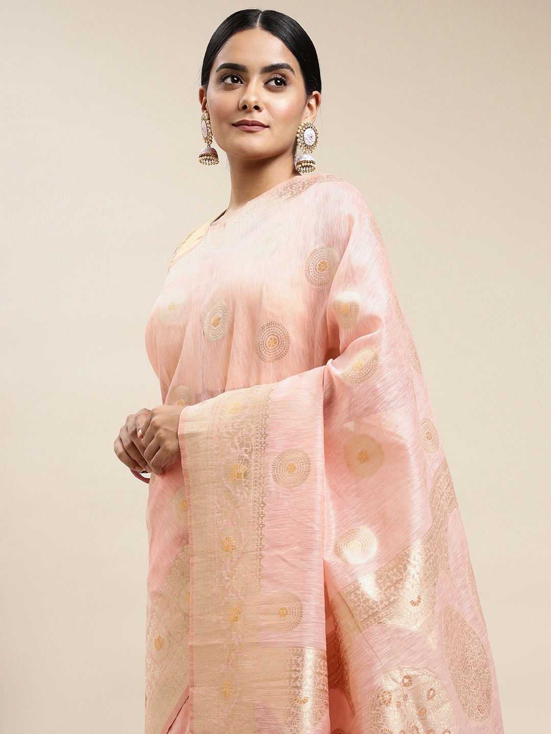 

Saree Swarg Pink & Golden Ethnic Design Linen Blend Banarasi Sarees