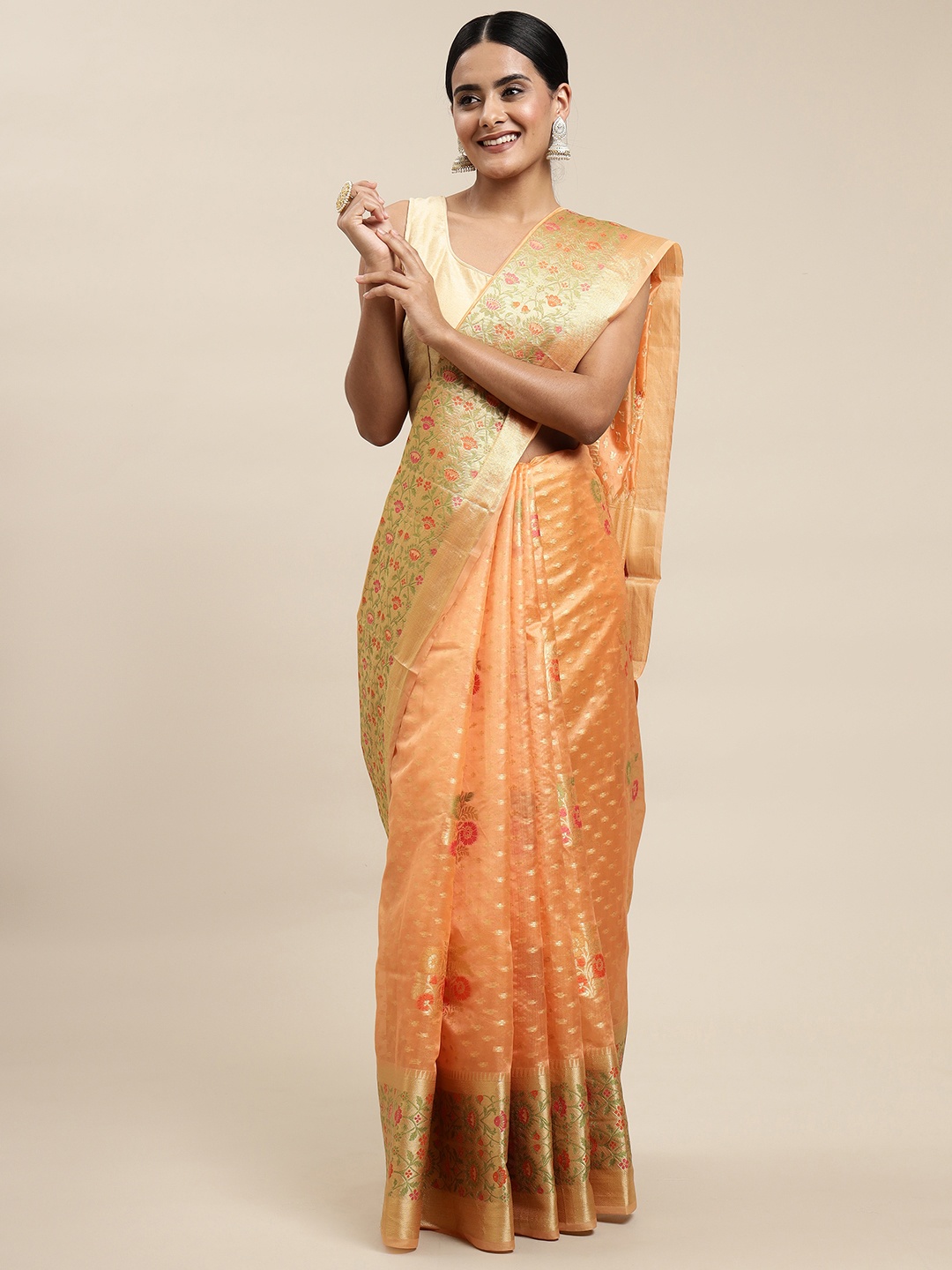 

Saree Swarg Peach-Coloured & Golden Ethnic Motifs Organza Banarasi Sarees