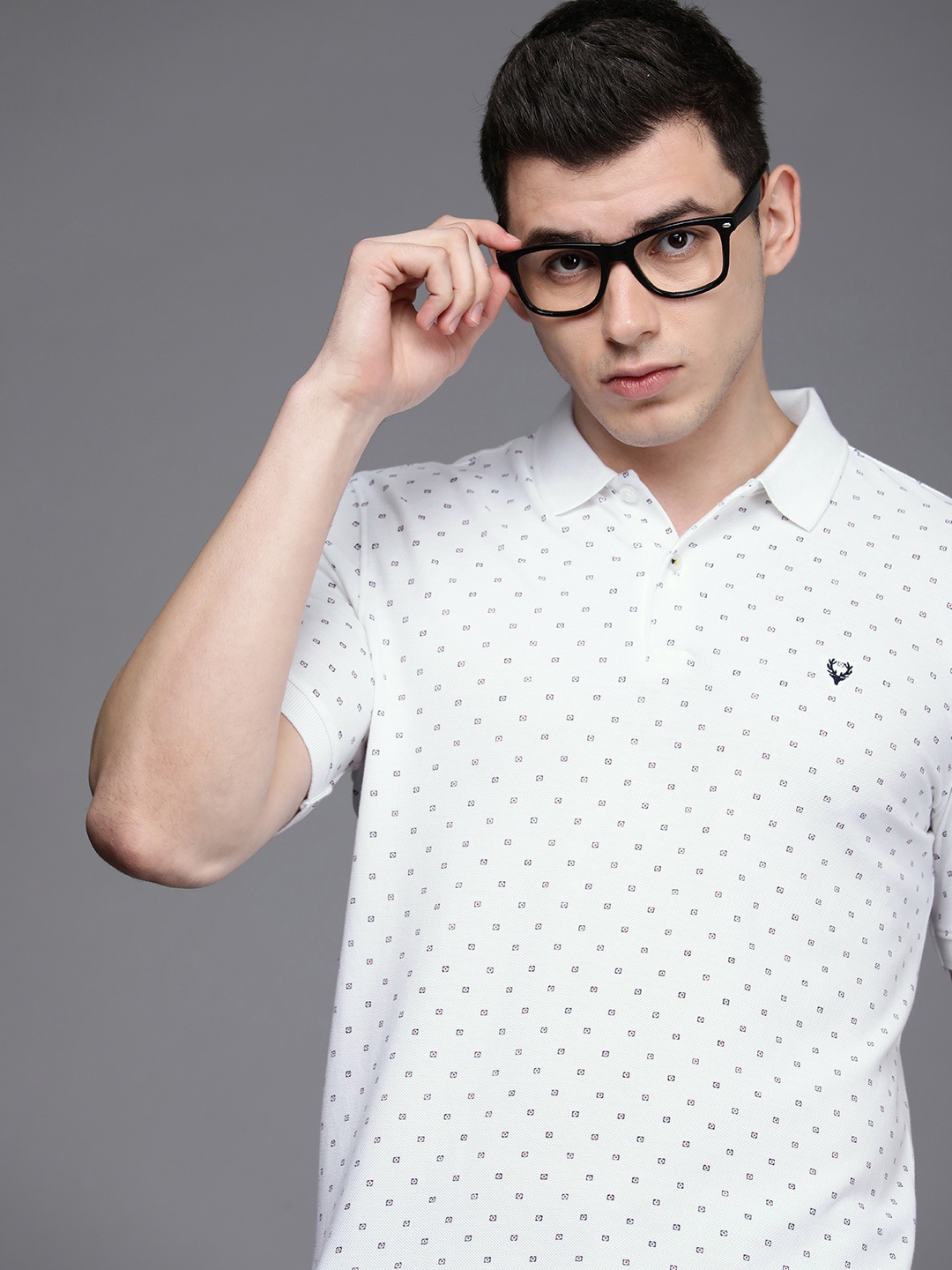 

Allen Solly Men White & Navy Blue Printed Polo Collar Pure Cotton T-shirt