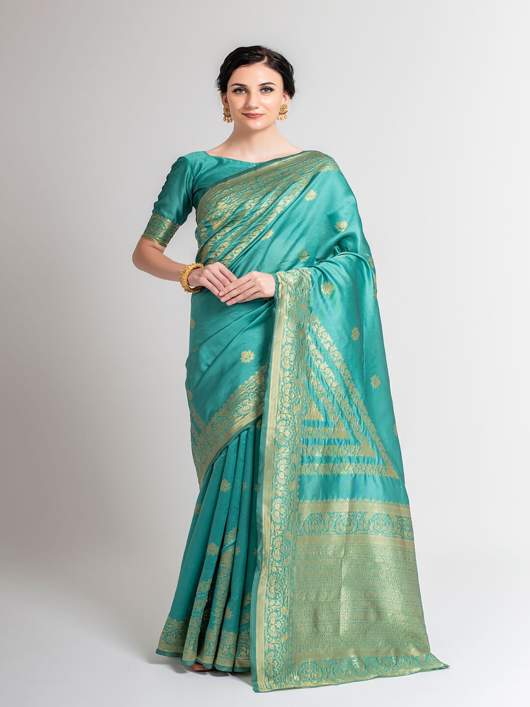 

Lilots Sea Green & Golden Floral Zari Silk Blend Kota Saree