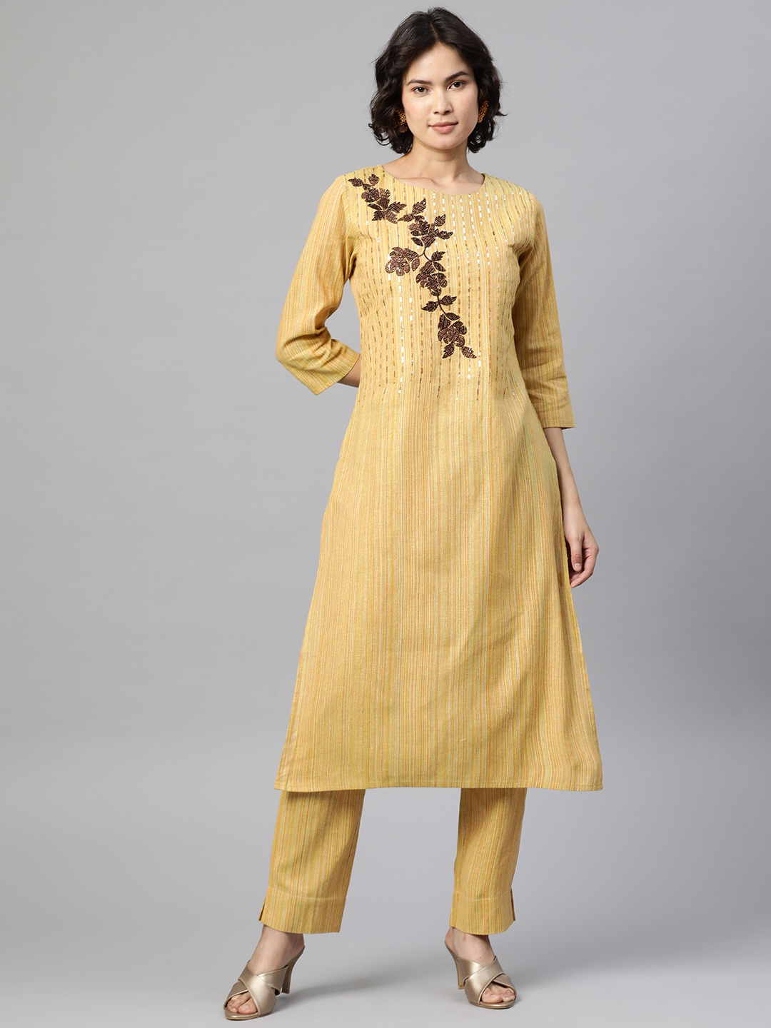 

Cottinfab Women Mustard Yellow Striped Thread Work Pure Cotton Kurta with Trousers