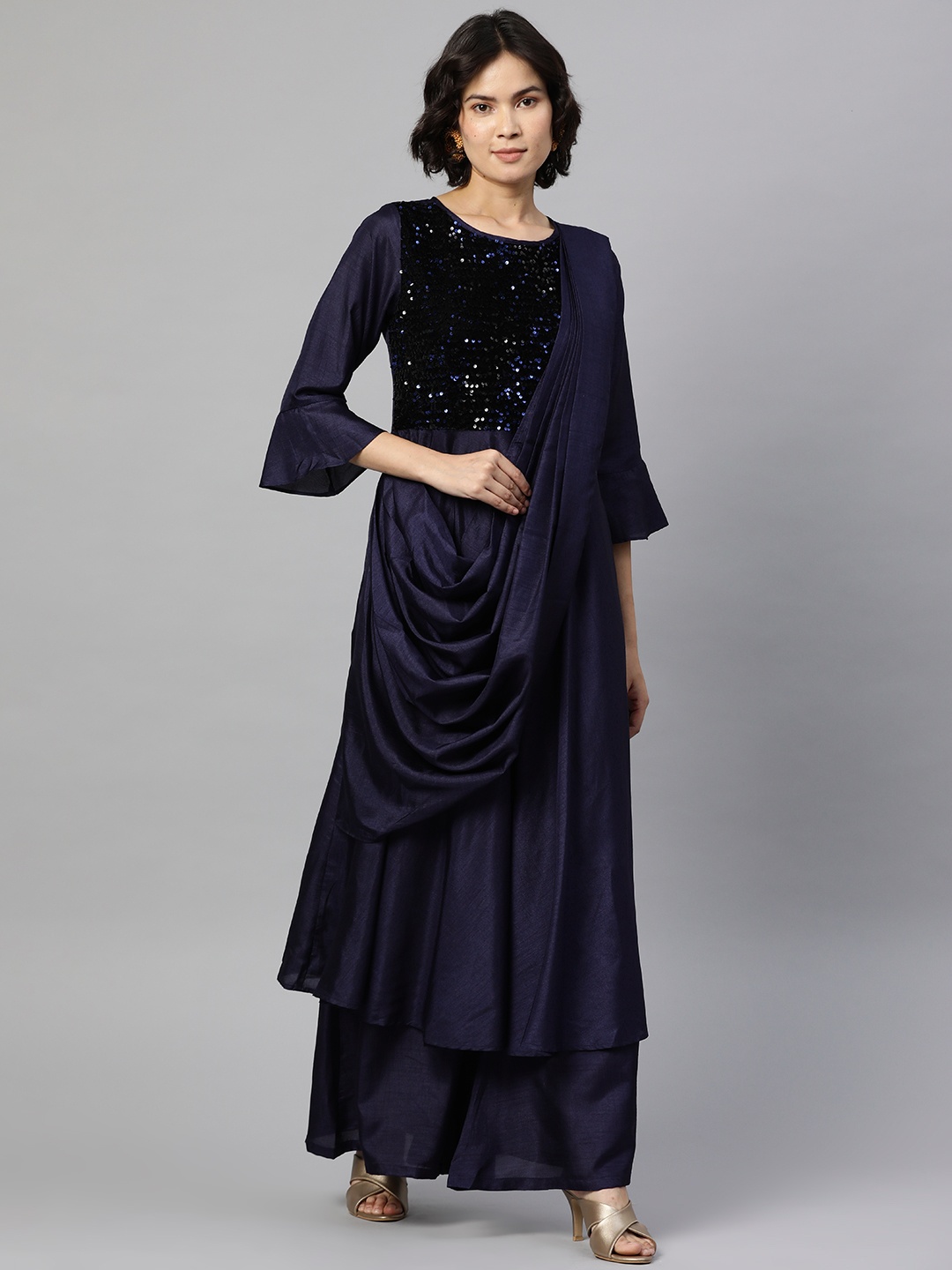 

Cottinfab Women Navy Blue Yoke Design Sequinned Kurta with Palazzos & Attached Dupatta