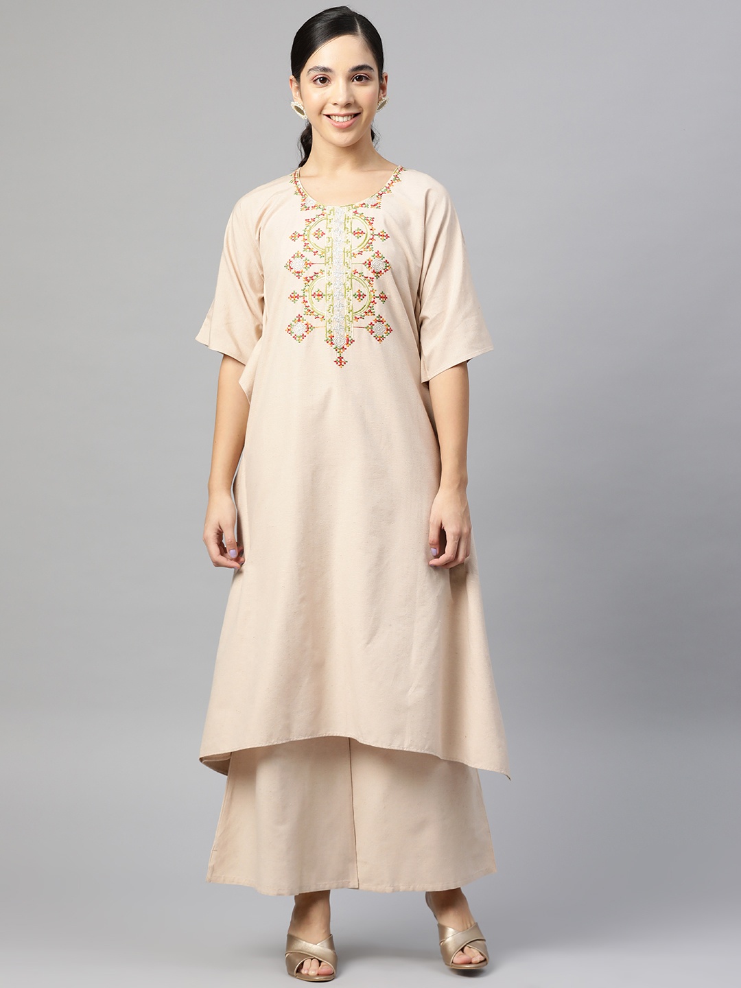 

Cottinfab Women Beige Embroidered Pure Cotton Kurta with Palazzos