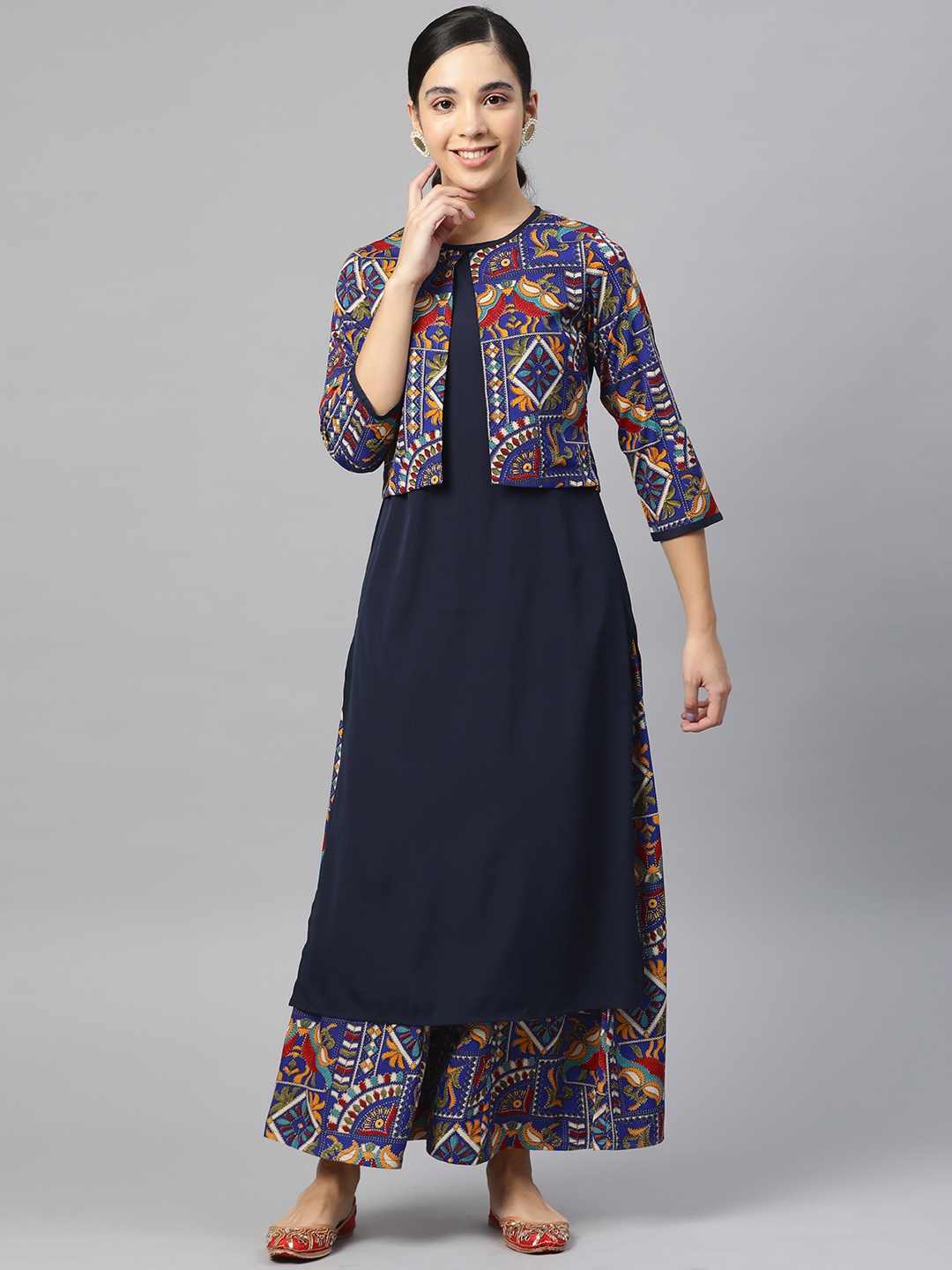 

Cottinfab Women Navy Blue Solid Kurta with Palazzos & Printed Ethnic Jacket