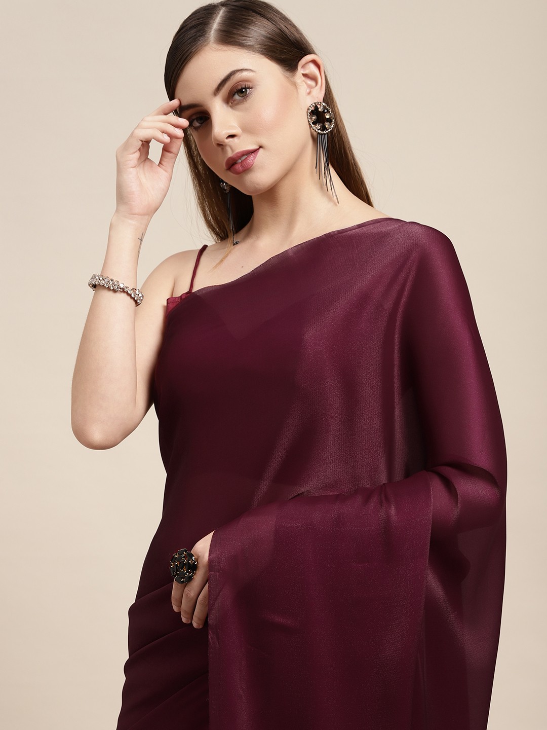 

LOOKNBOOK ART Burgundy Solid Silk Blend Saree