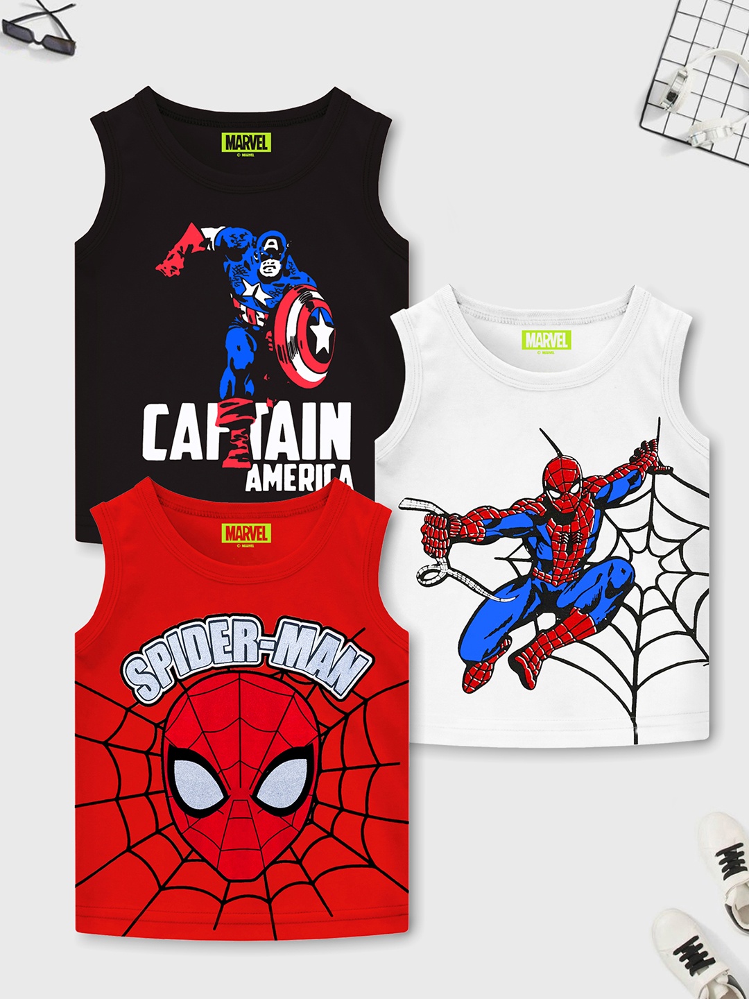 

YK Marvel Infant Boys Pack Of 3 Spiderman & Captain America Print Sleeveless T-shirt, Black