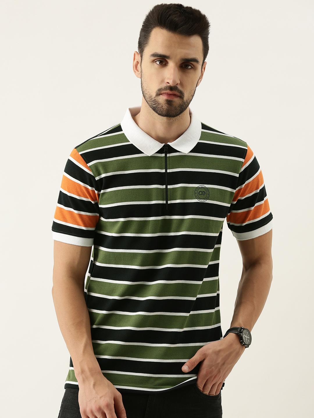 

Peter England Men Olive Green & Black Striped Polo Collar T-shirt