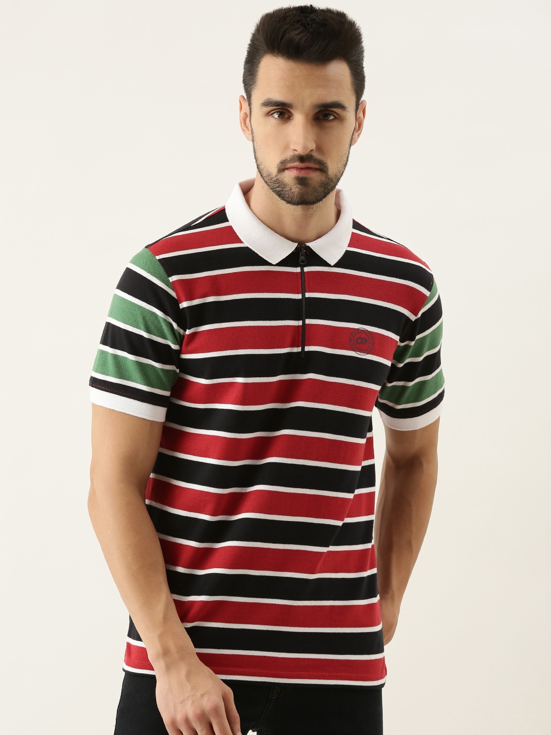 

Peter England Men Red & Navy Blue Striped Polo Collar T-shirt