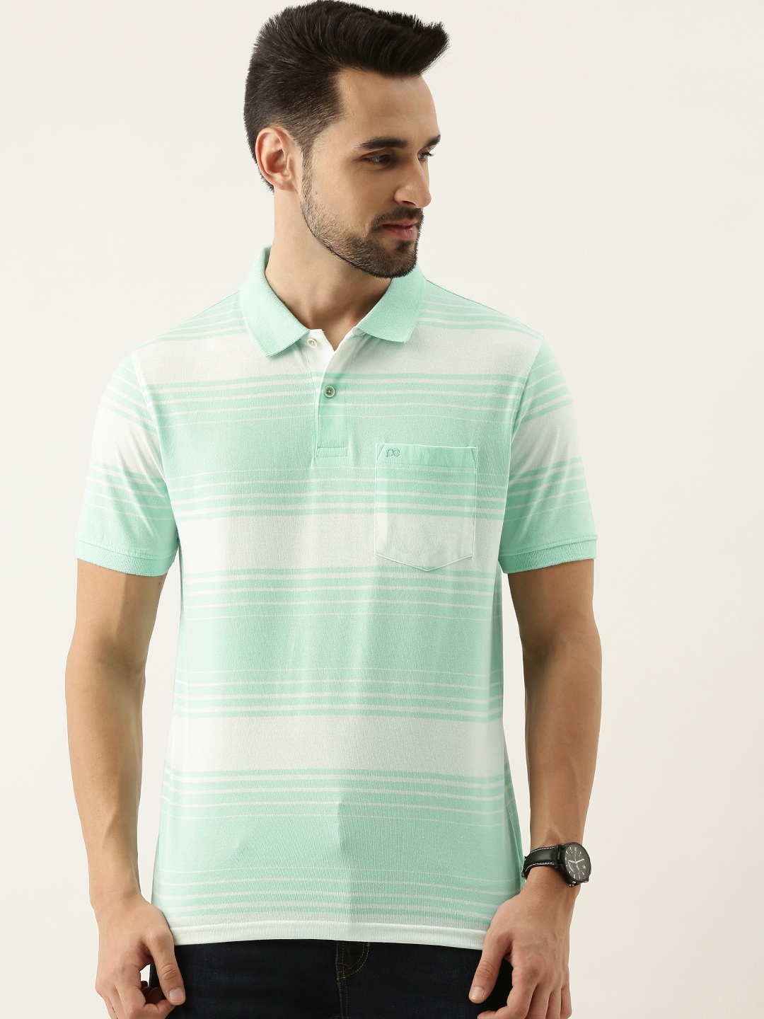 

Peter England Men Light Green & White Striped Polo Collar T-shirt