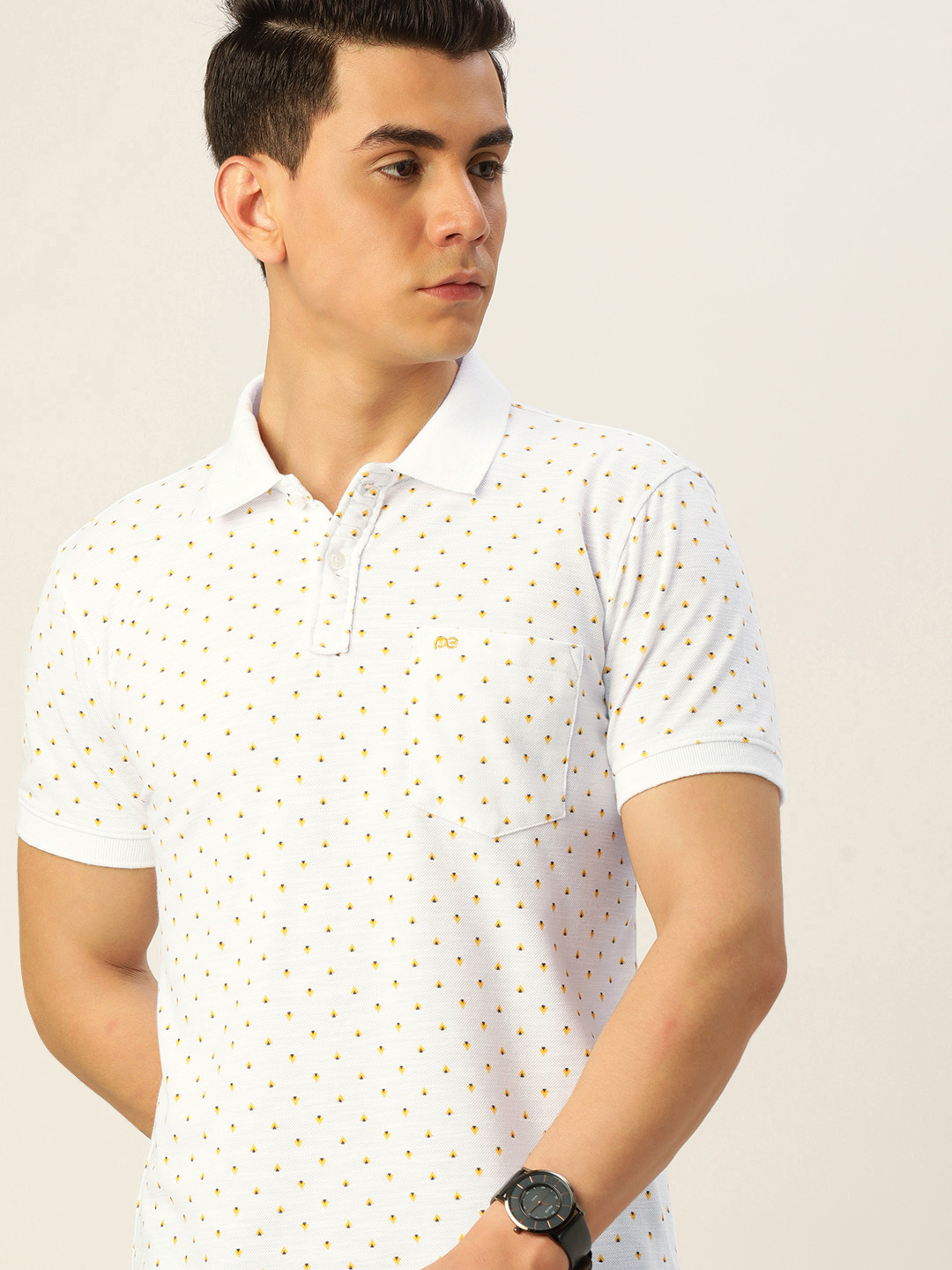 

Peter England Men White Geometric Printed Polo Collar Casual T-shirt