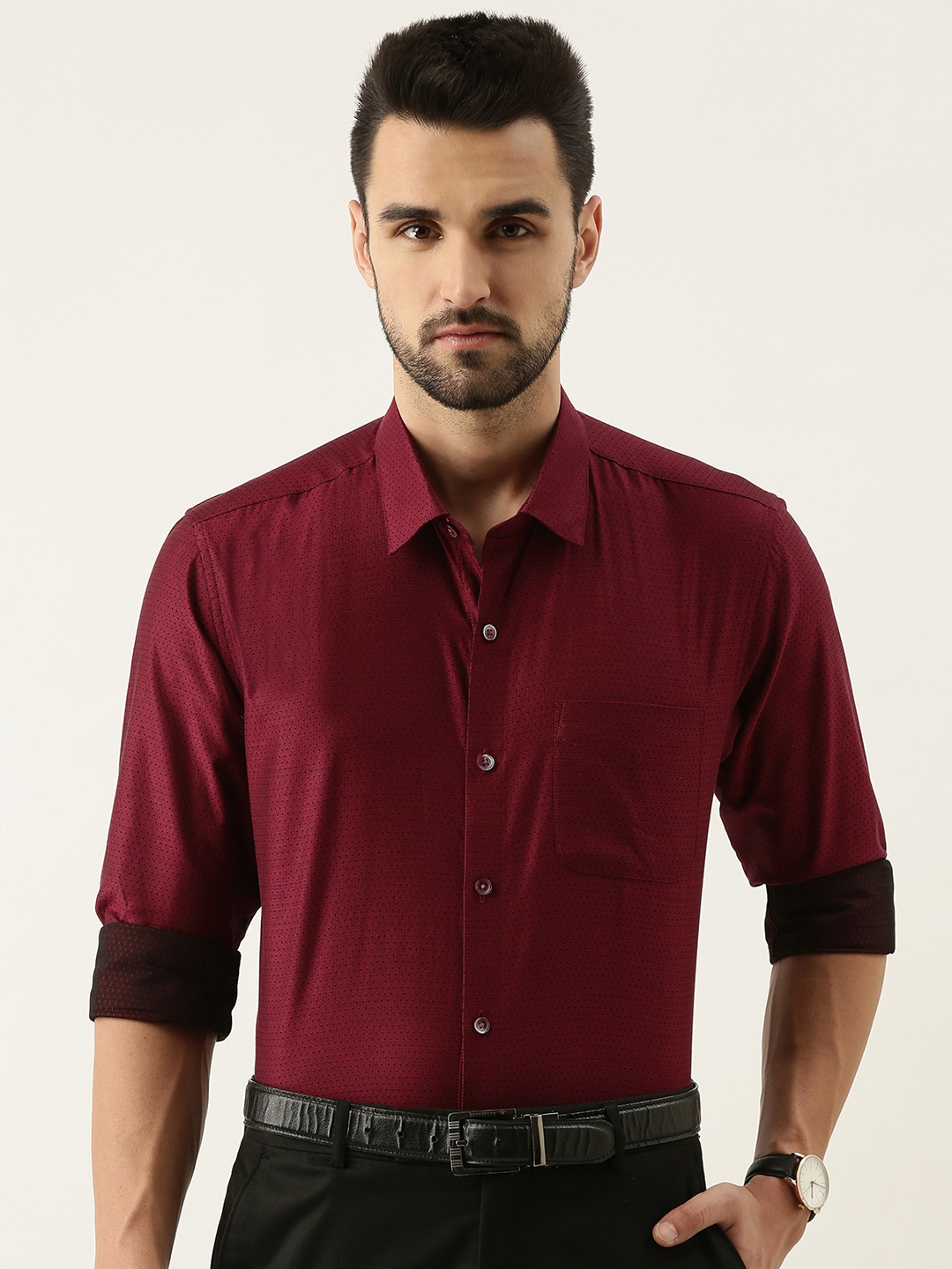 

Peter England Men Maroon & Black Self Design Slim Fit Pure Cotton Formal Shirt