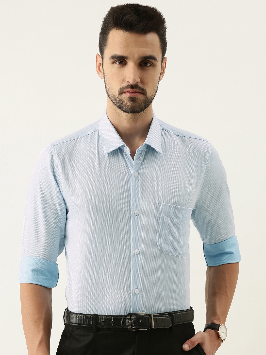 

Peter England Men Blue Self Design Slim Fit Formal Shirt