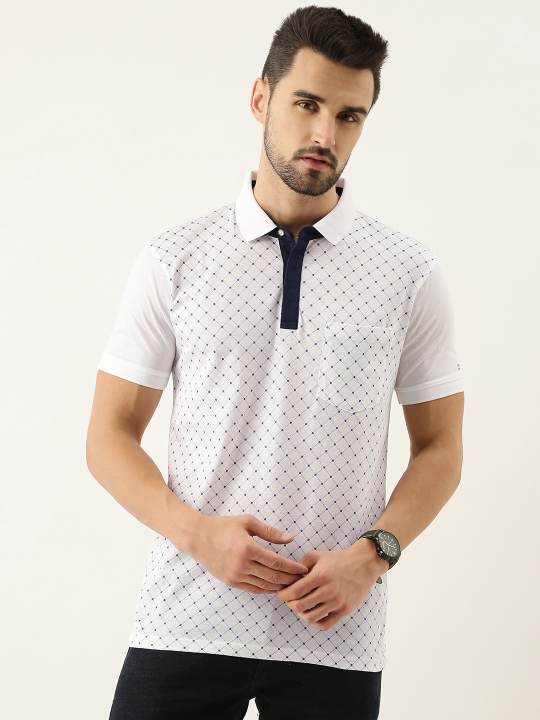 

Peter England Men White & Blue Printed Pure Cotton Polo Collar T-shirt