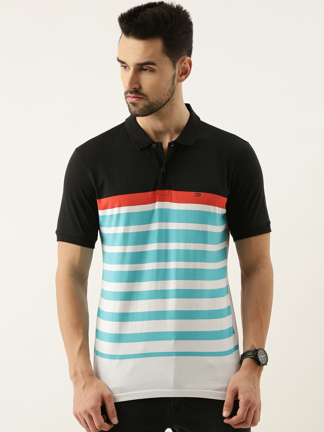 Peter England Men Black & Blue Striped Polo Collar T-shirt