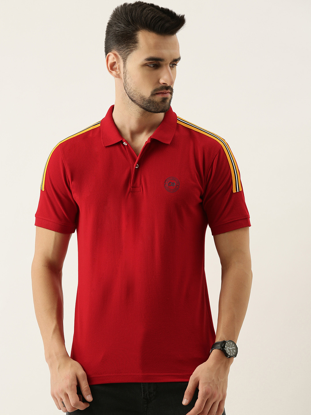 

Peter England Men Red Striped Polo Collar T-shirt