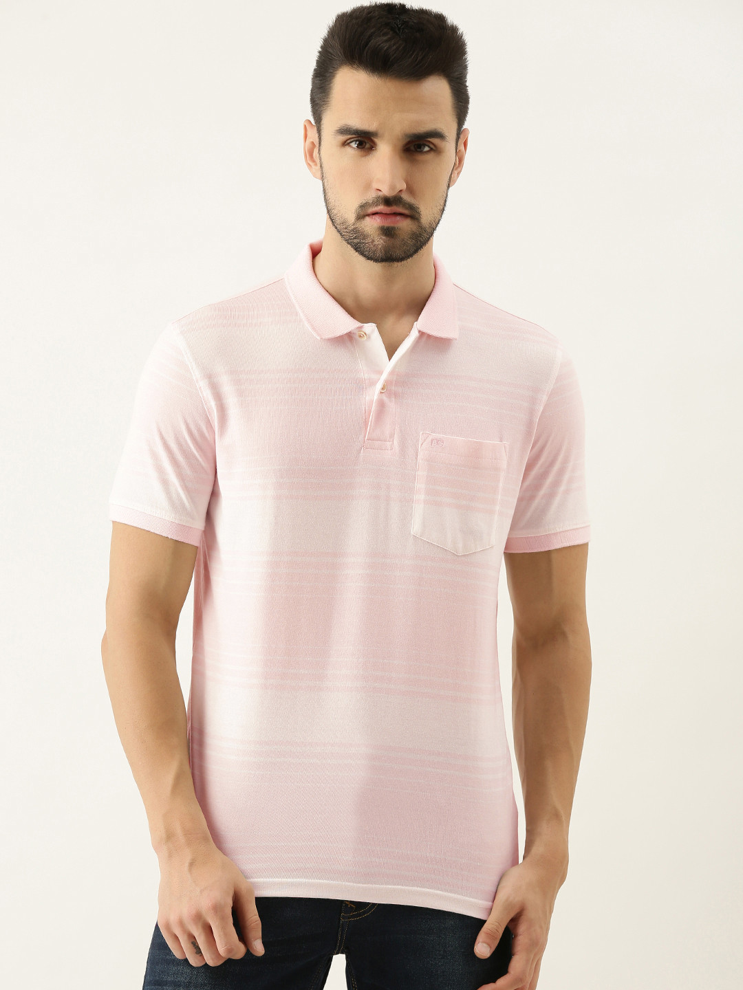 

Peter England Men Pink & White Striped Polo Collar T-shirt
