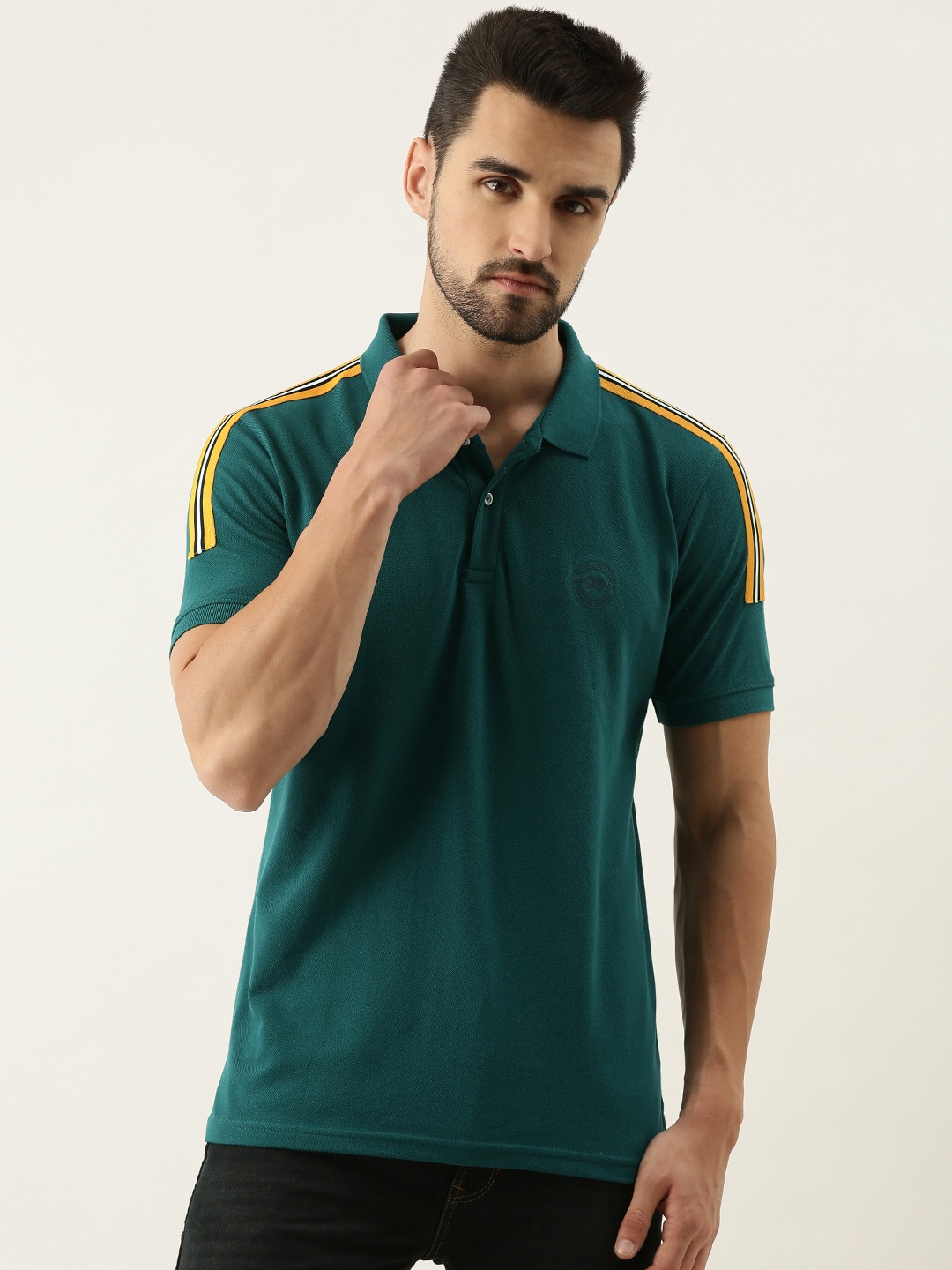 

Peter England Men Green & Yellow Striped Polo Collar T-shirt