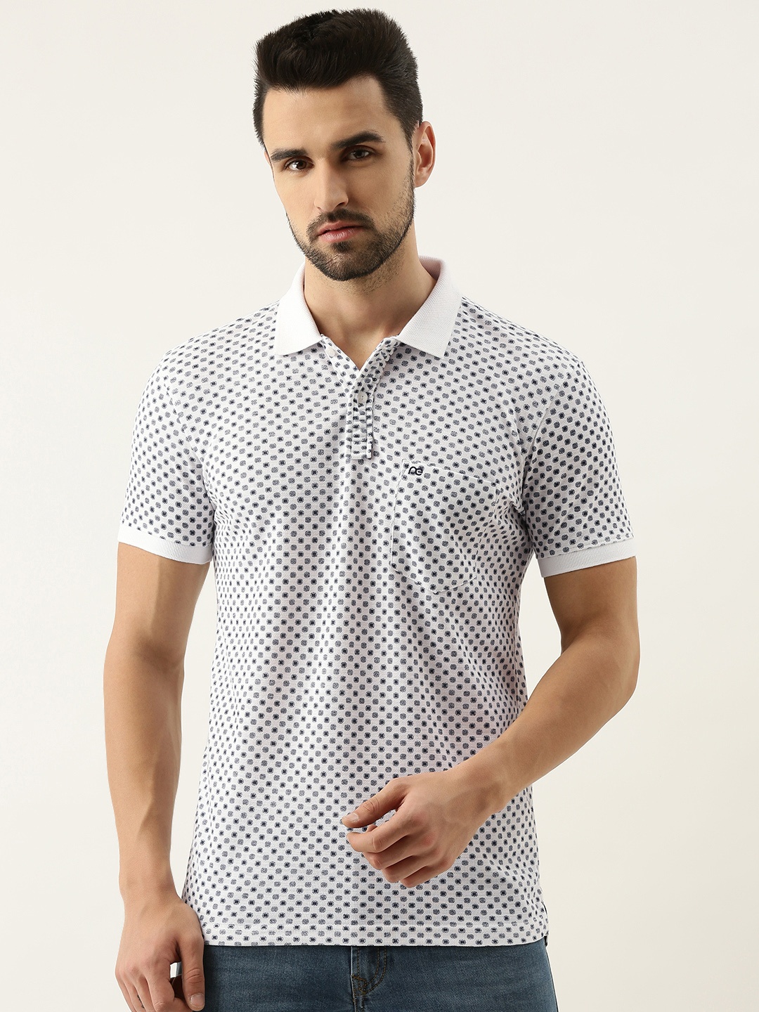 

Peter England Men White & Blue Floral Printed Polo Collar T-shirt