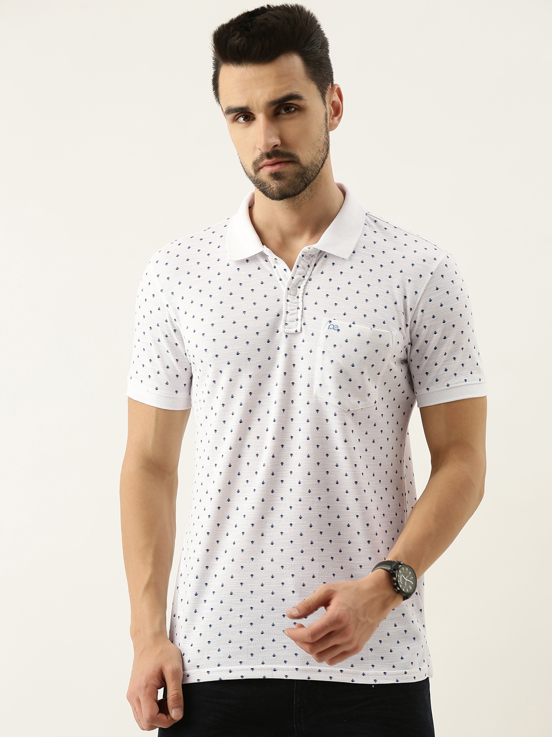 

Peter England Men White & Blue Printed Polo Collar T-shirt