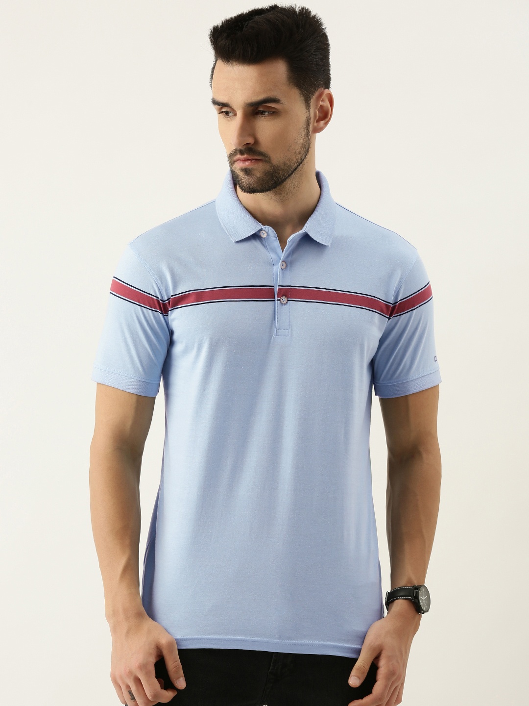 

Peter England Men Blue & Red Striped Pure Cotton Polo Collar T-shirt