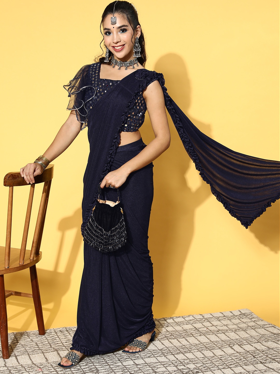 

Chhabra 555 Solid Saree, Navy blue