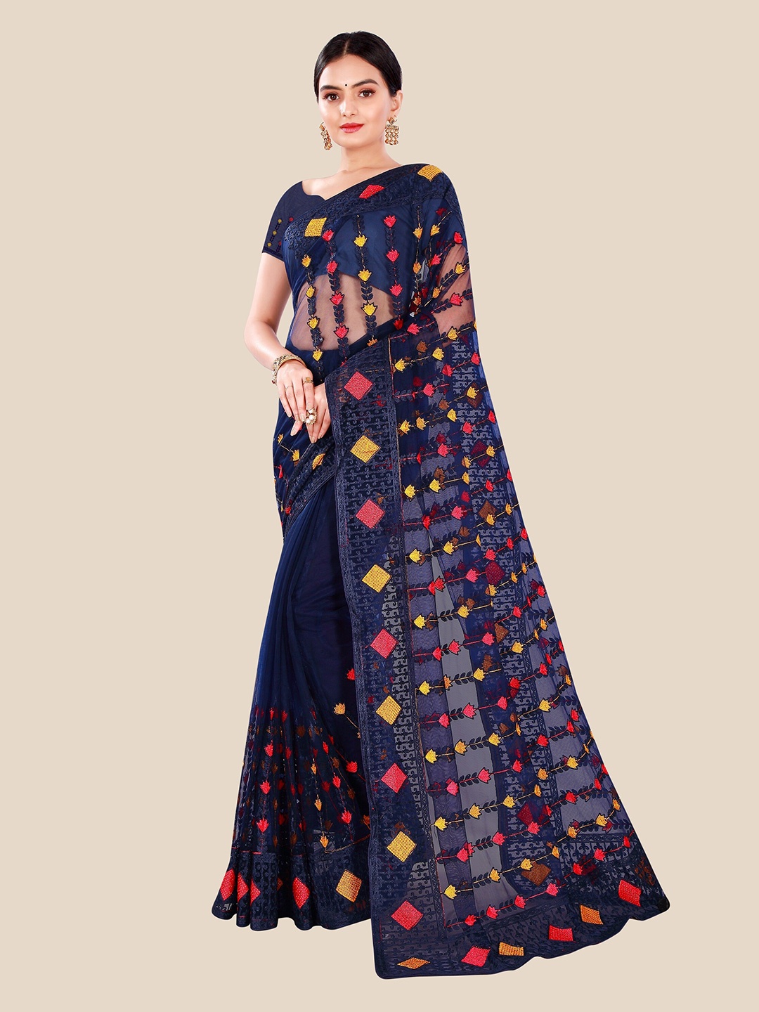

Sangria Navy Blue & Yellow Floral Beads and Stones Net Heavy Work Saree