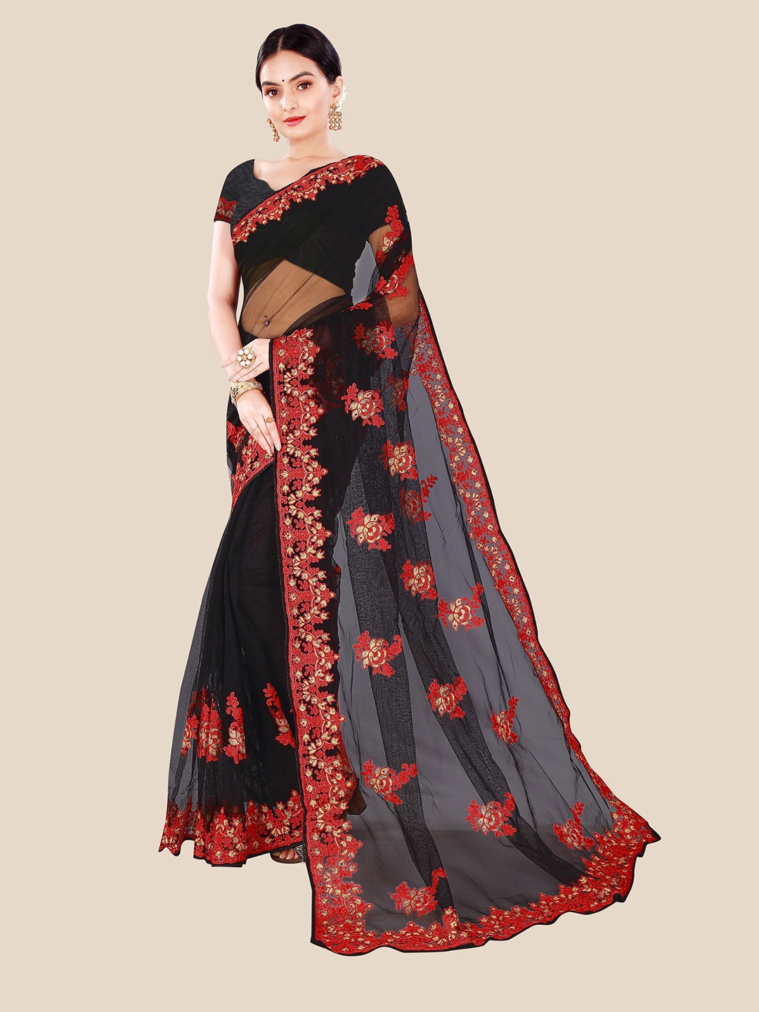 

Sangria Black & Red Floral Embroidered Net Heavy Work Saree