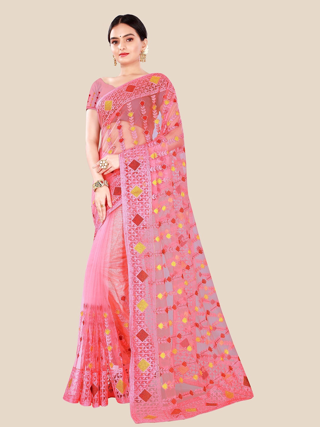 

Sangria Pink & Red Floral Embroidered Beads and Stones Net Saree