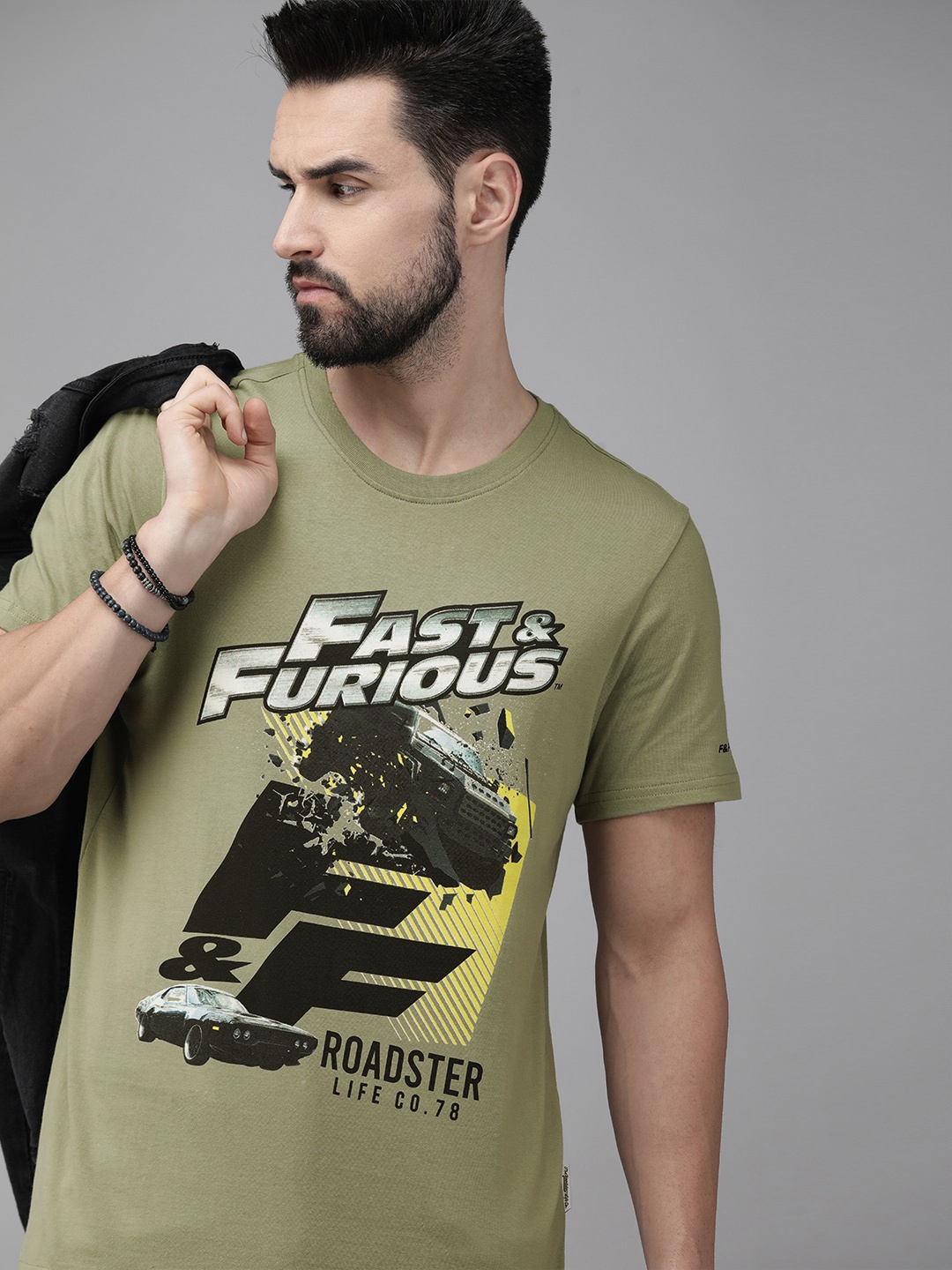 

Roadster Fast and Furious Men Olive Green Typography Printed T-shirt