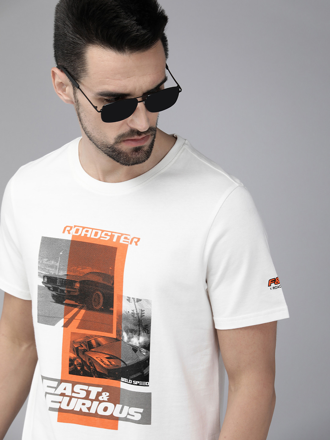 

Roadster Fast and Furious Men White & Orange Brand Logo Printed Pure Cotton T-shirt