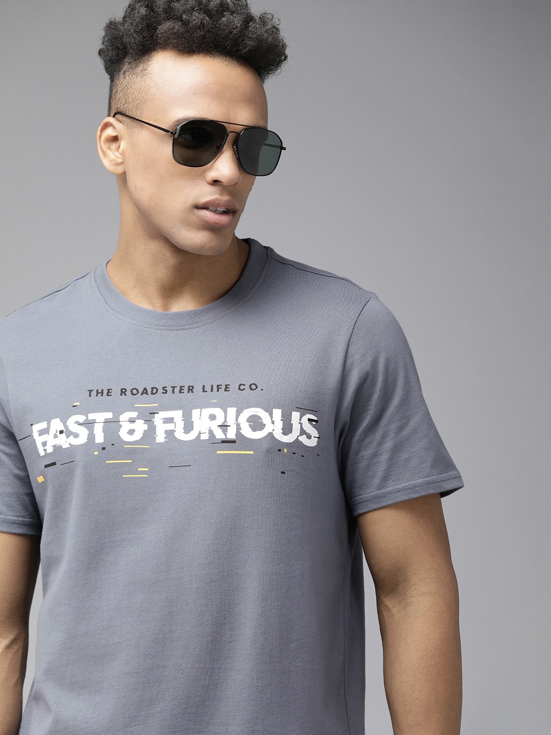 

Roadster Fast and Furious Men Grey & White Brand Logo Printed Pure Cotton T-shirt