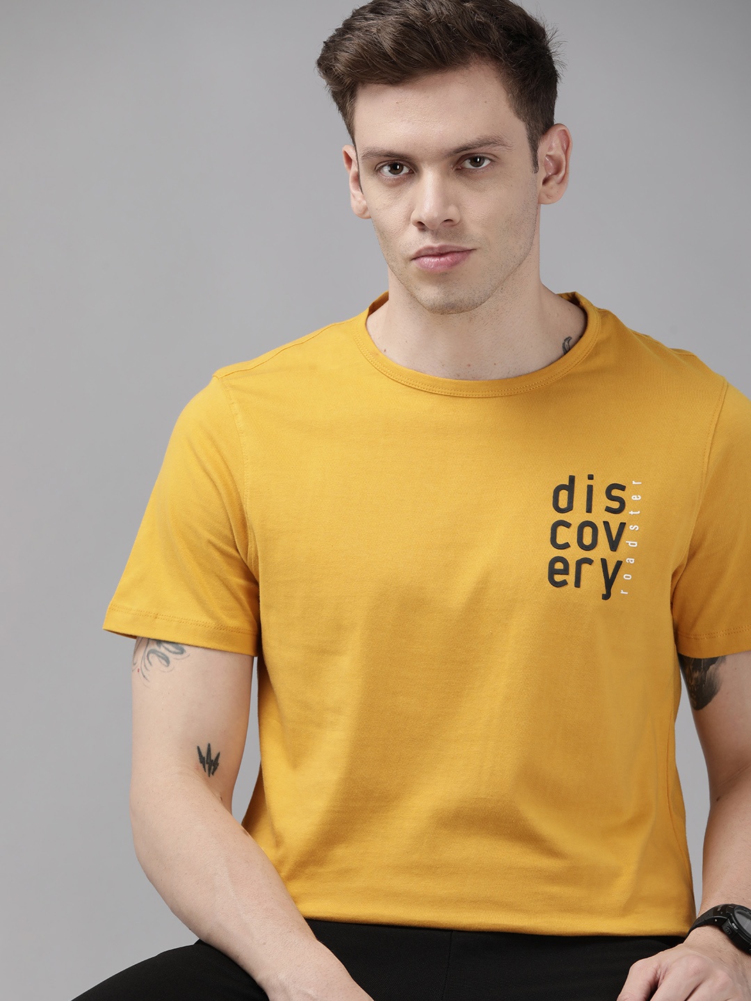 

Roadster x Discovery Adventures Men Mustard Yellow Cotton Healthgaurd Finish T-shirt