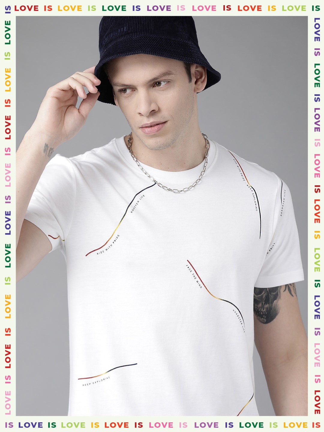 

Roadster Pride Men White & Navy Blue Printed Pure Cotton T-shirt