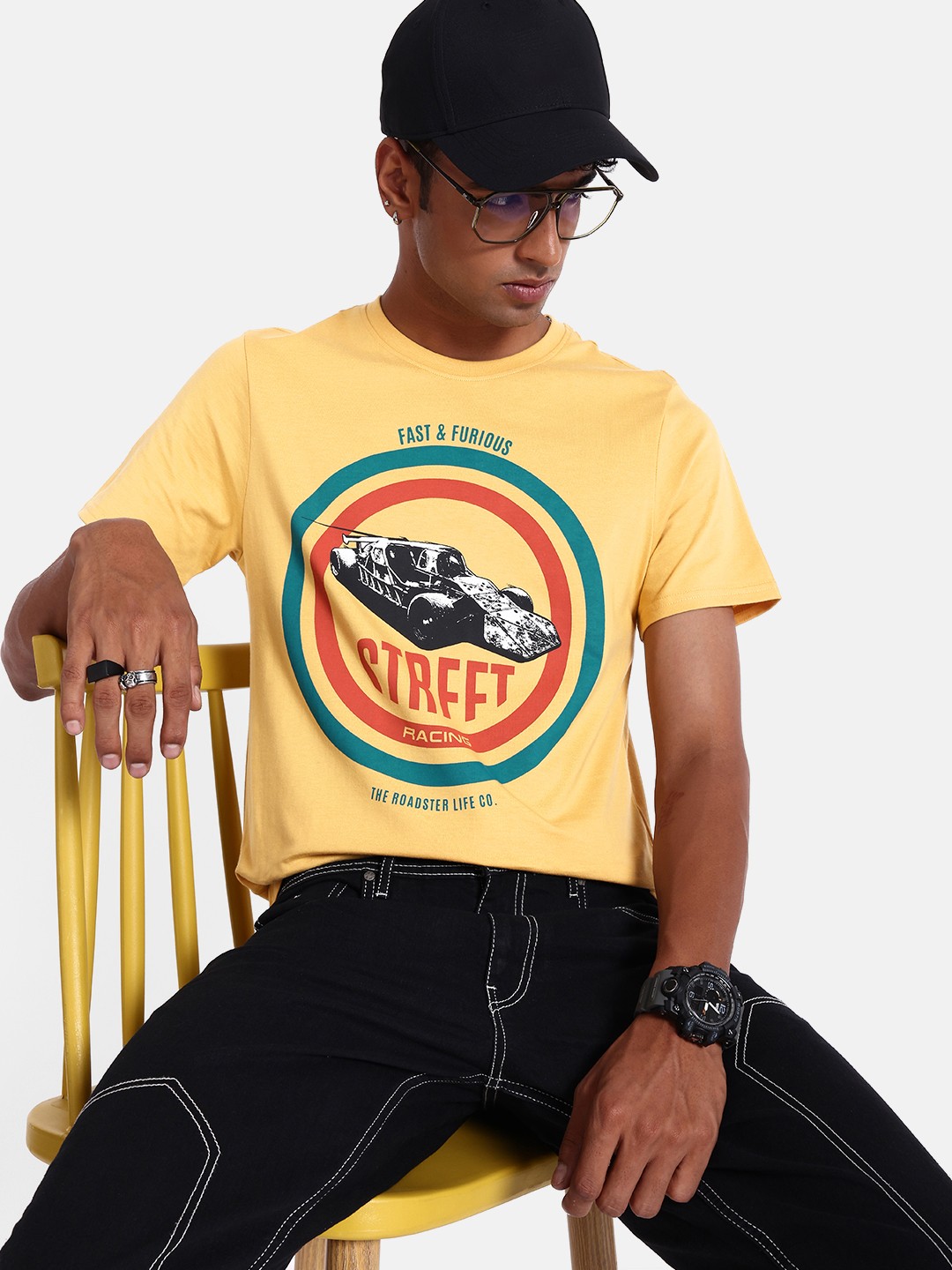 

Roadster Fast and Furious Graphic & Brand Logo Print Knitted Pure Cotton T-shirt, Mustard