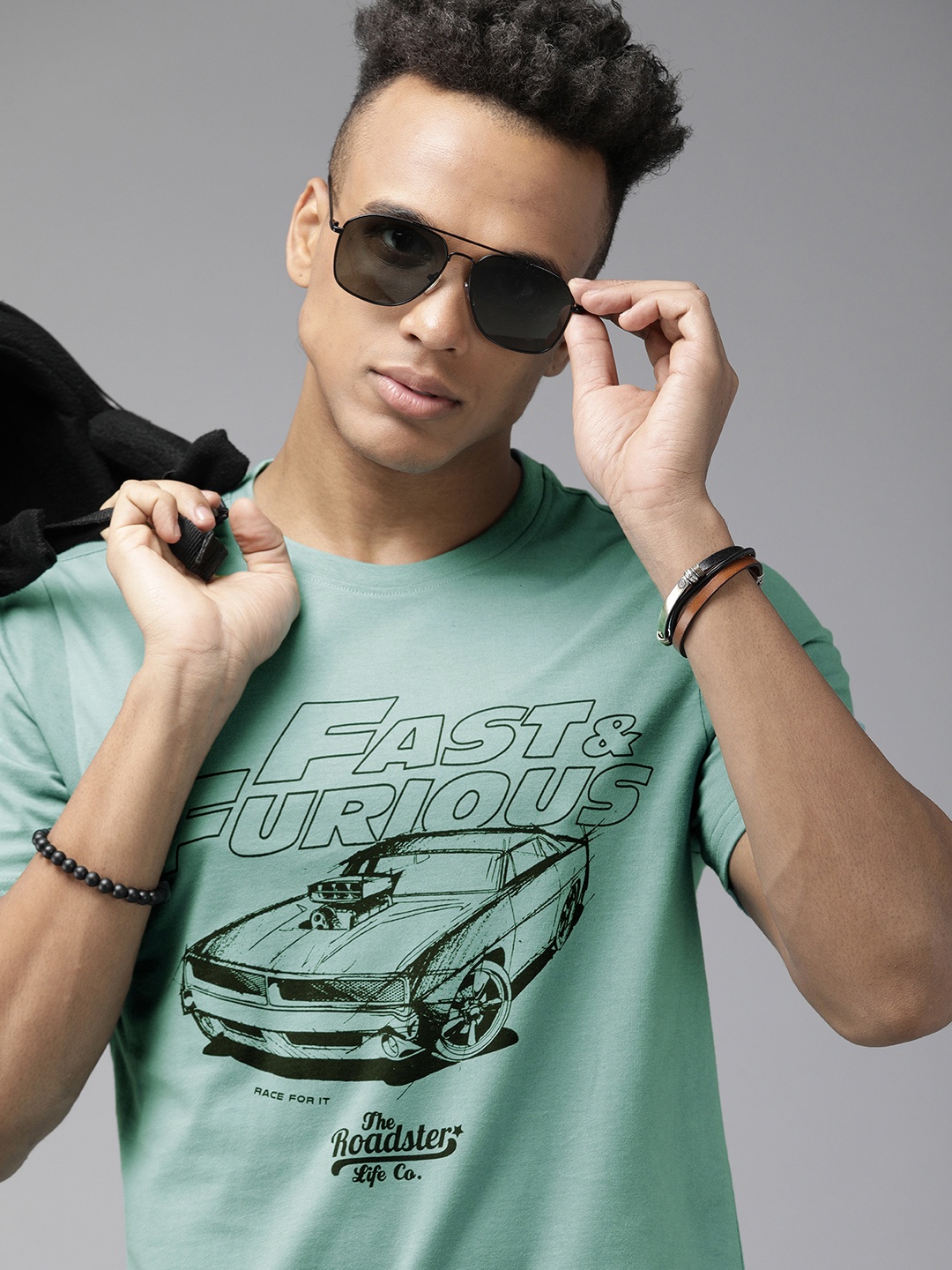 

Roadster Fast and Furious Men Green & Black Brand Logo Printed Pure Cotton T-shirt