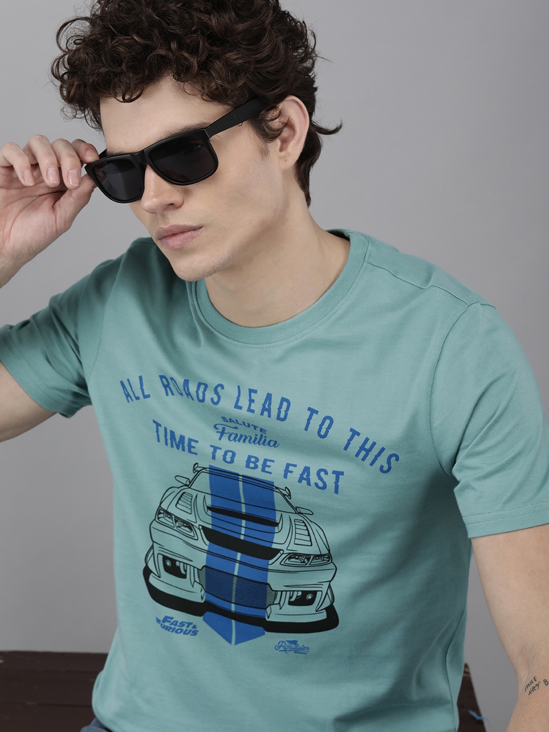 

Roadster Fast and Furious Men Blue & Black Printed Pure Cotton T-shirt