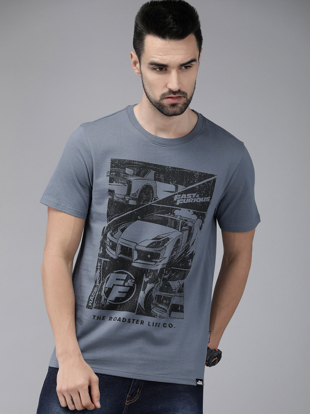 

Roadster Fast and Furious Men Grey Graphic Printed Pure Cotton Casual T-shirt
