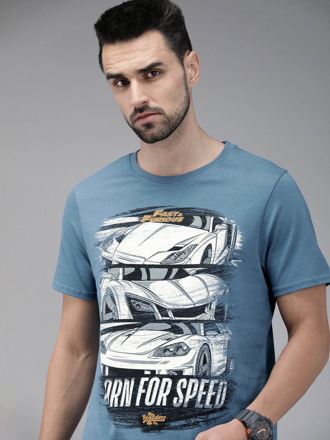 

Roadster Fast and Furious Men Teal Blue Graphic Printed Pure Cotton T-shirt