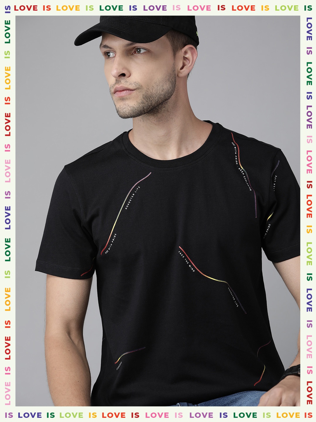 

Roadster Pride Men Black & White Typography Printed Pure Cotton T-shirt