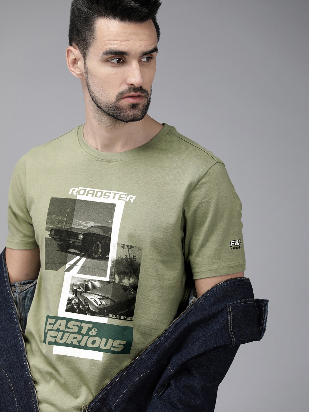 

Roadster Fast and Furious Men Olive Green & Black Brand Logo Printed Pure Cotton T-shirt