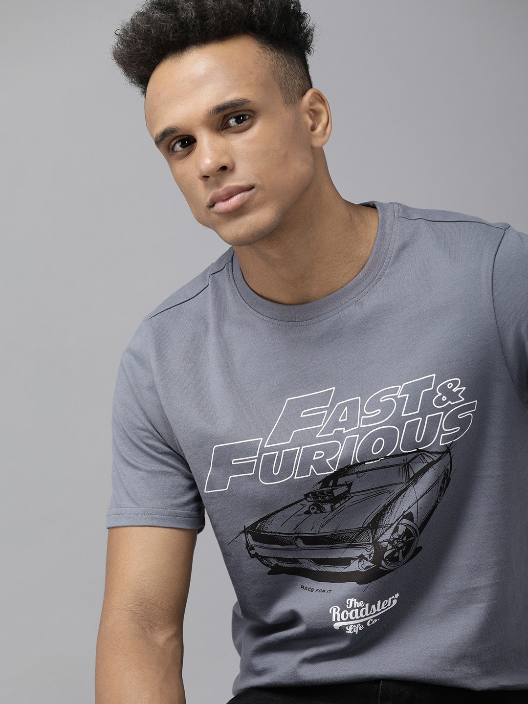 

Roadster Fast and Furious Men Grey & White Brand Logo Printed Pure Cotton T-shirt