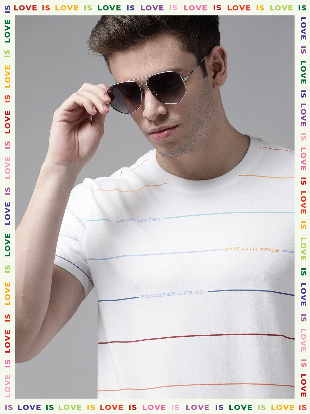 

Roadster Pride Men White & Blue Typography Printed Pure Cotton T-shirt