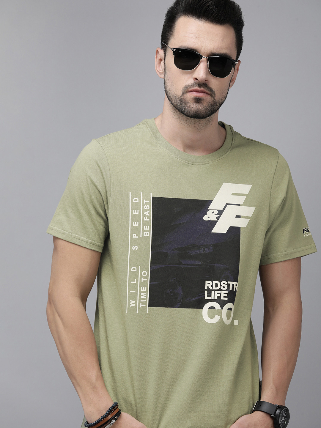 

Roadster Fast and Furious Men Sage Green & Navy Blue Graphic Printed Pure Cotton T-shirt