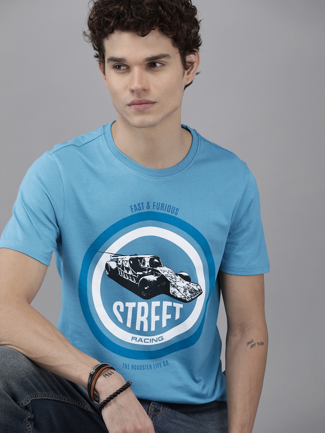 

Roadster Fast and Furious Men Blue & White Printed Pure Cotton T-shirt