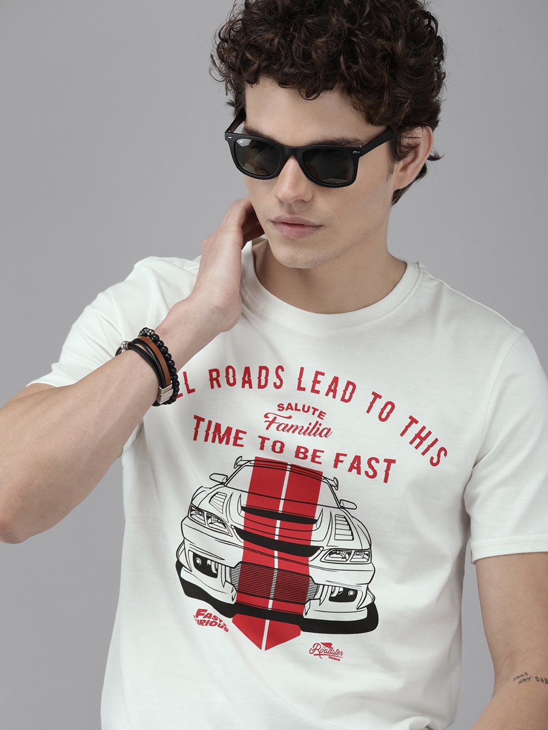 

Roadster Fast and Furious Men White & Red Graphic Printed Pure Cotton T-shirt