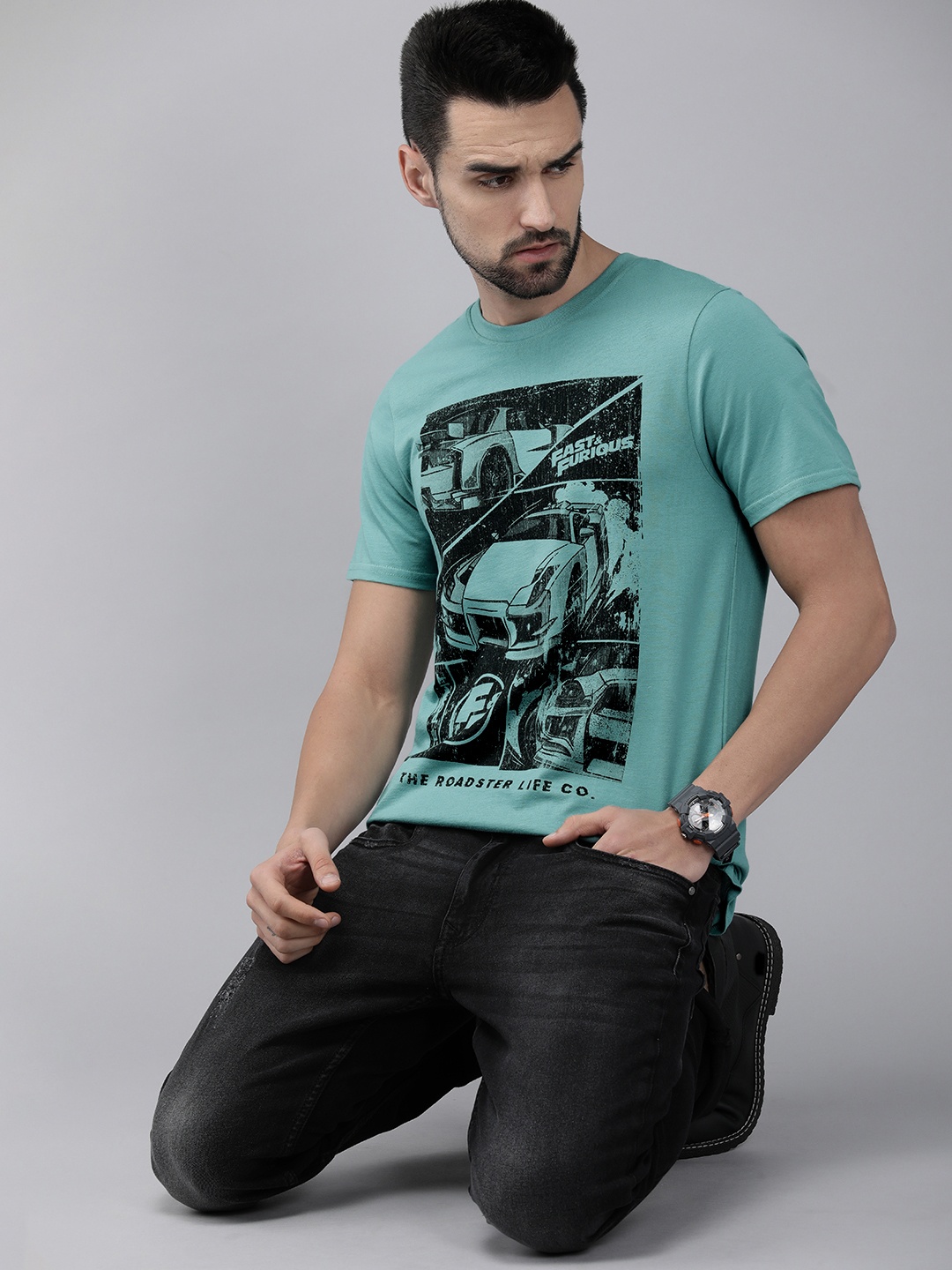 

Roadster Fast and Furious Men Blue Graphic Printed Pure Cotton Casual T-shirt