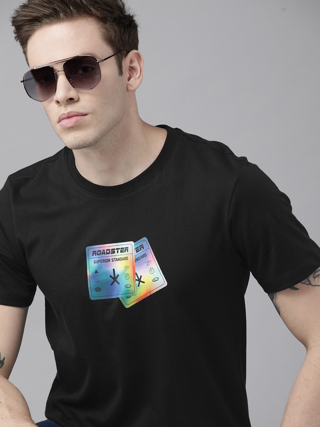 

Roadster Pride Men Black Brand Logo Printed Pure Cotton T-shirt