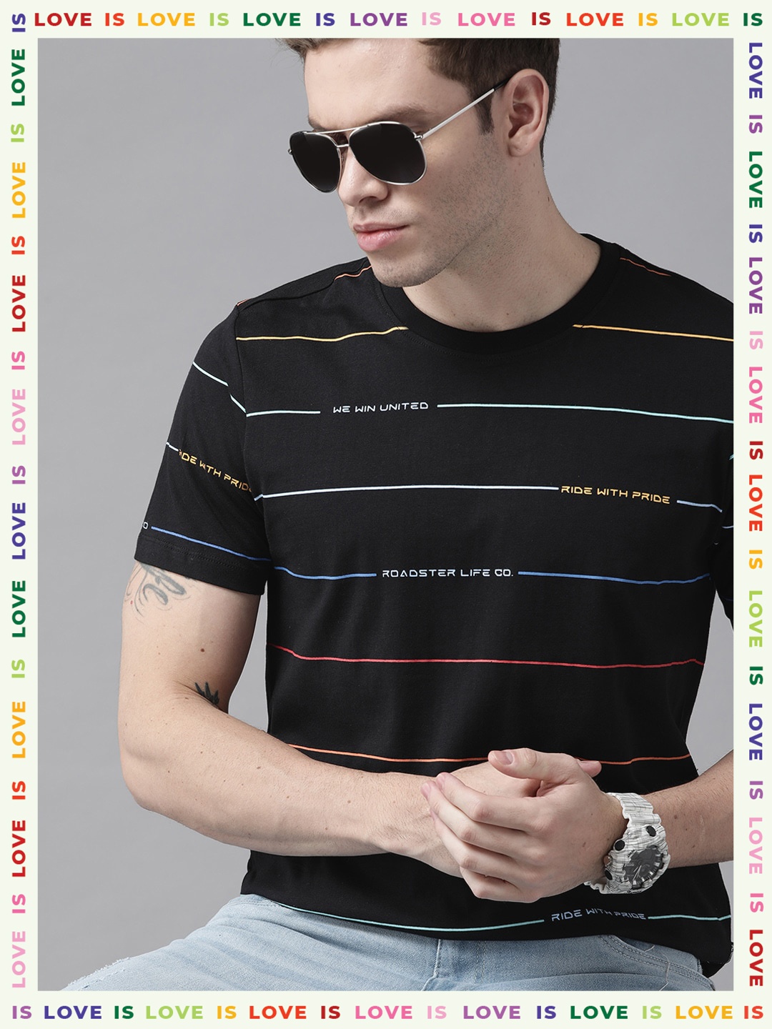 

Roadster Pride Men Black & Blue Typography Striped Pure Cotton T-shirt